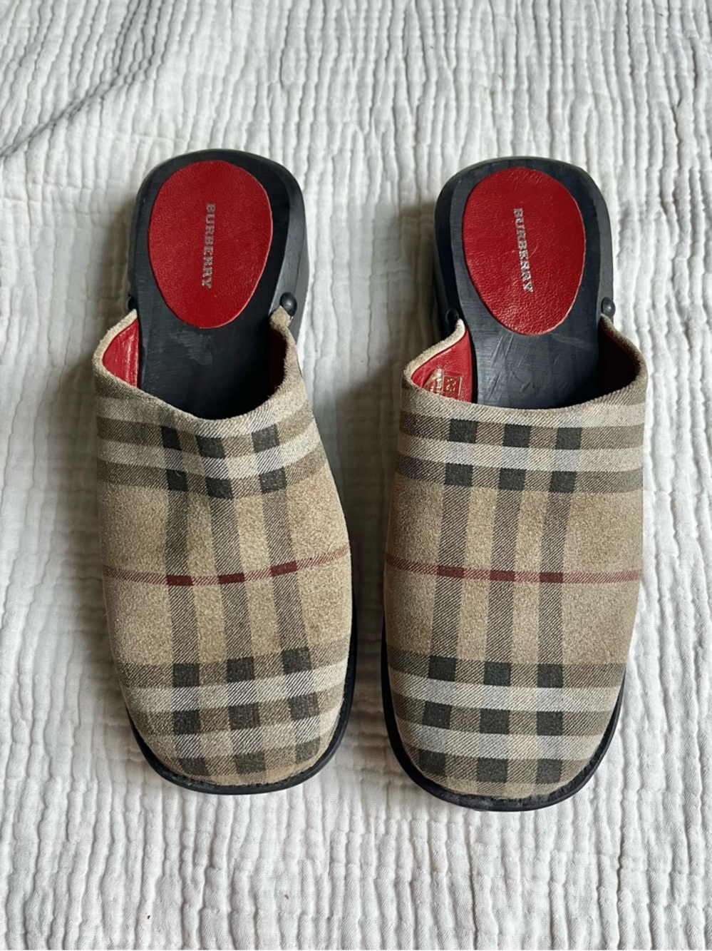 Vintage Burberry Tan Nova Check Plaid Wood Clogs Sz 38 - Picture 2 of 9